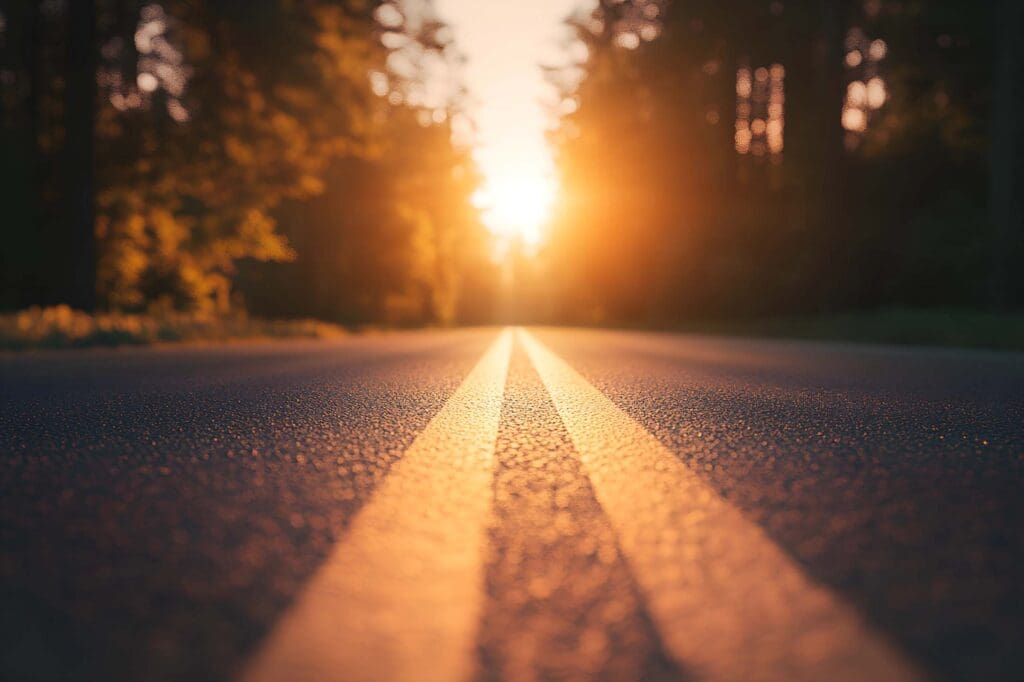 Open road image with sun setting