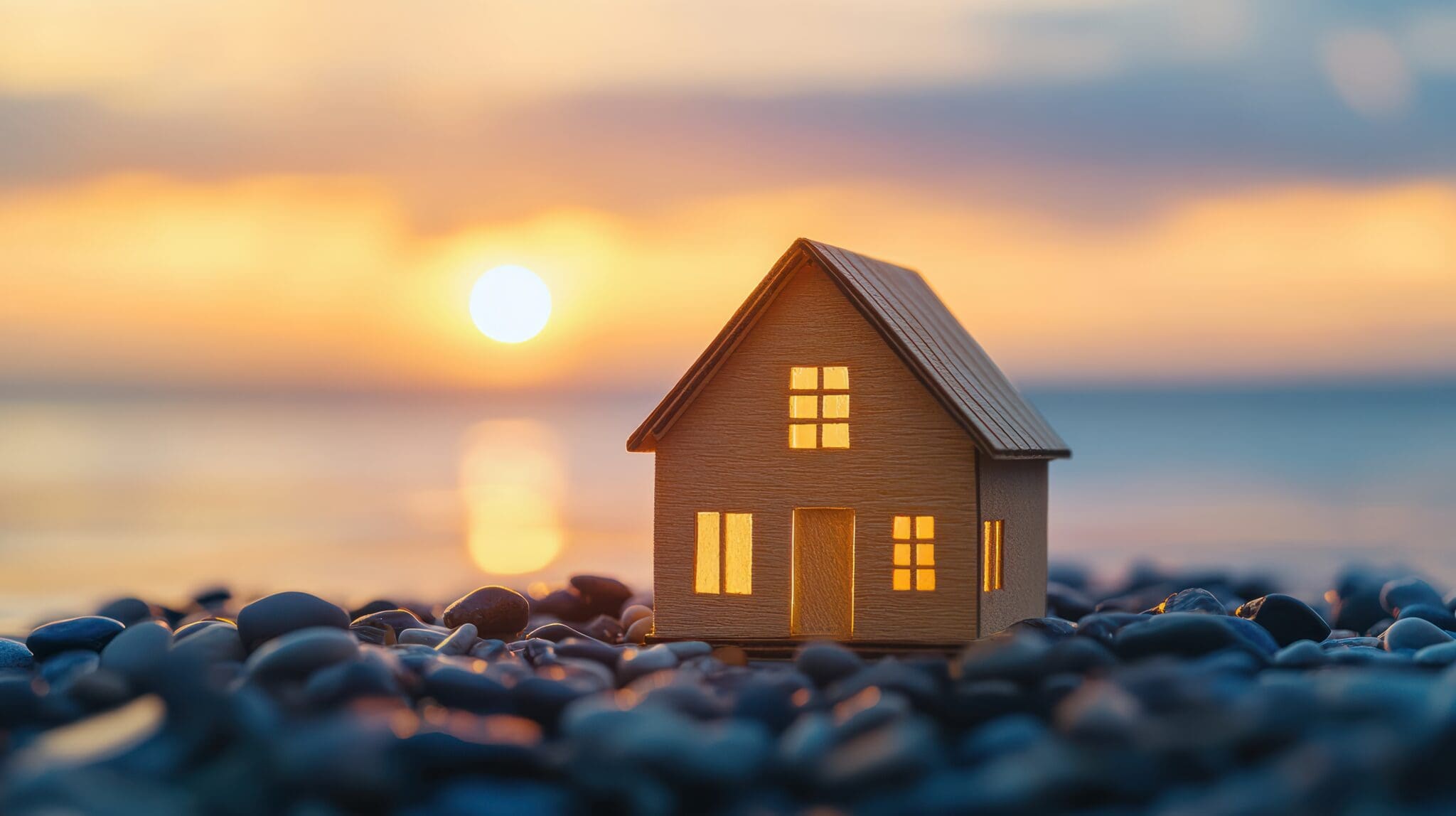Image of timber mini house on rocks overlooking water