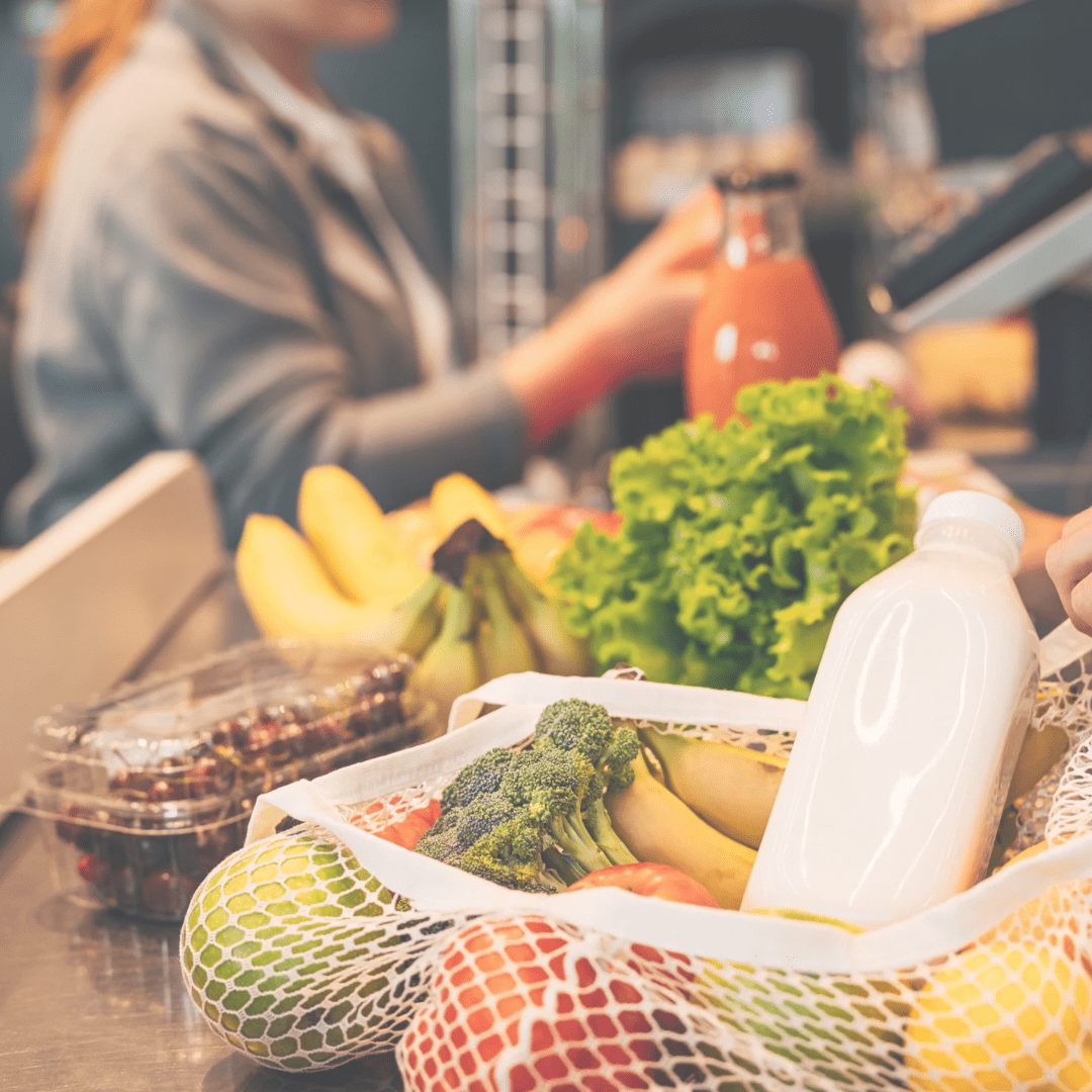 Checkout image with mixed fruit and veges on conveyor belt